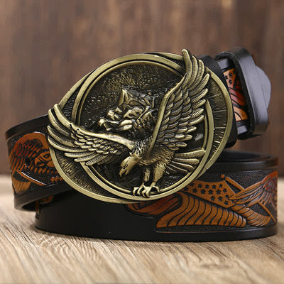 Men's Novelty Flying Eagle Buckle Carved Pattern Leather Belt - Black & Yellow / Bronze - 46 - image 0