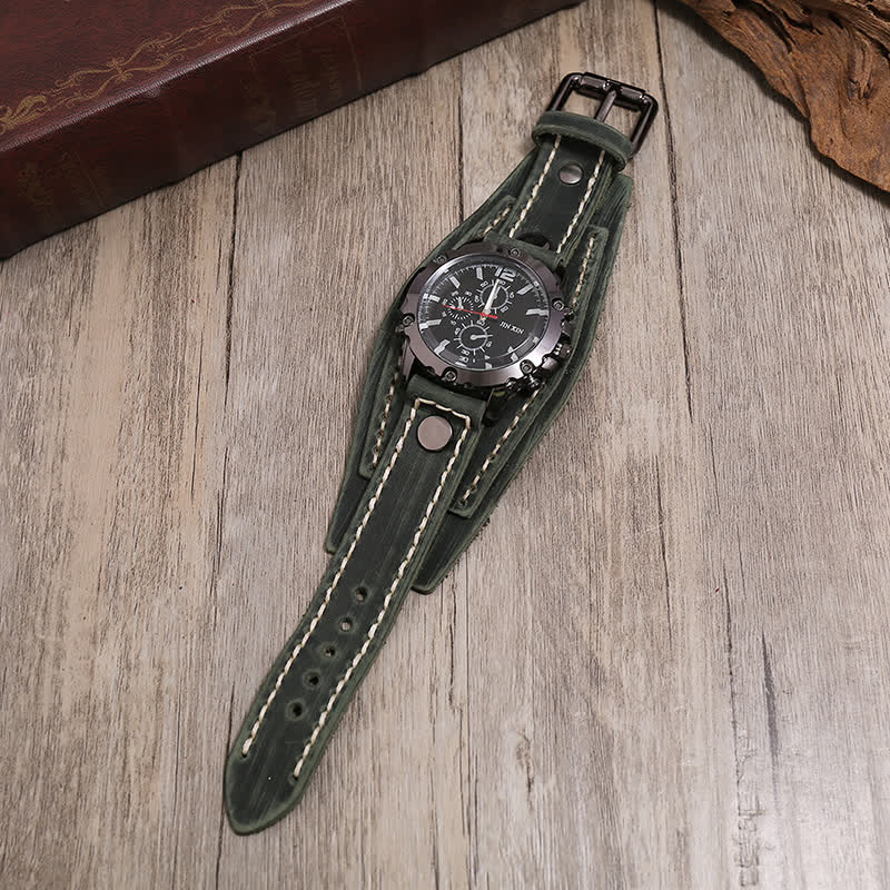 Men's Casual Triple Dial Wide Cuff Leather Watch