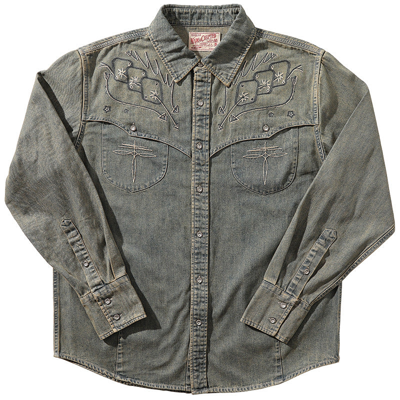 Gambler Embroidered Washed Denim Western Cowboy Shirt - Denim Blue - 3XL - image 1