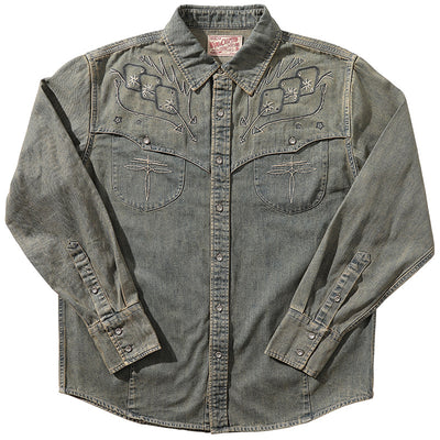 Gambler Embroidered Washed Denim Western Cowboy Shirt - Denim Blue - 3XL - image 1