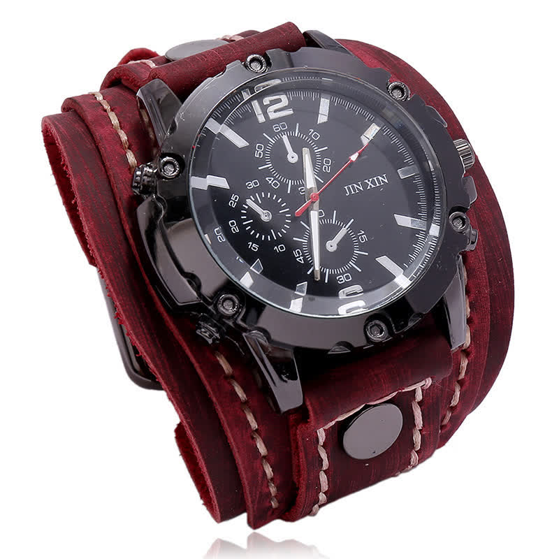 Men's Casual Triple Dial Wide Cuff Leather Watch