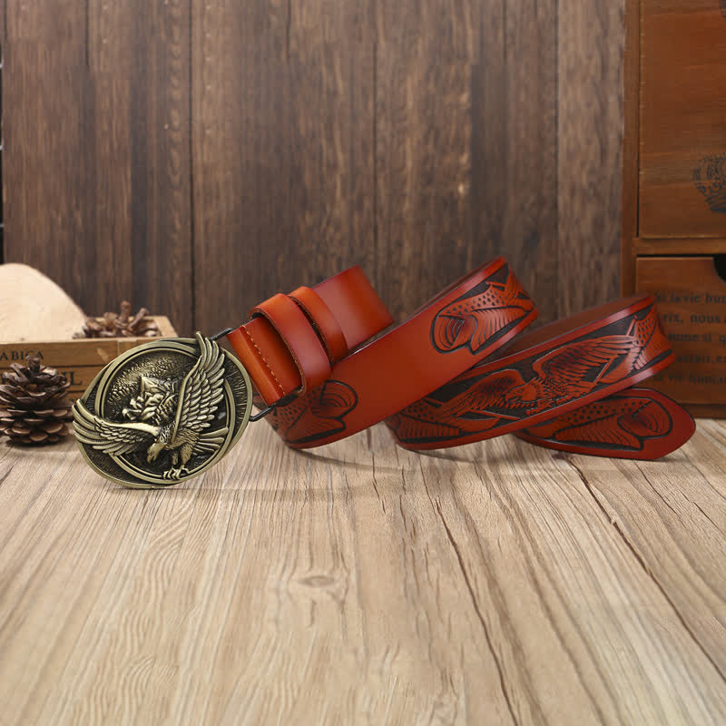 Men's Novelty Flying Eagle Buckle Carved Pattern Leather Belt - image 1