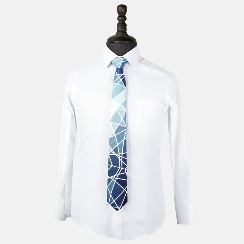 Men's Blue Geometric Printed White Line Necktie