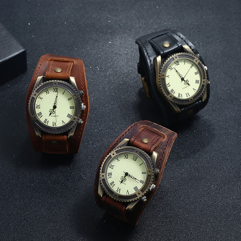 Men's Roman Numerals Gear Cuff Leather Watch