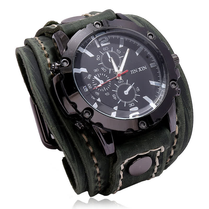 Men's Casual Triple Dial Wide Cuff Leather Watch