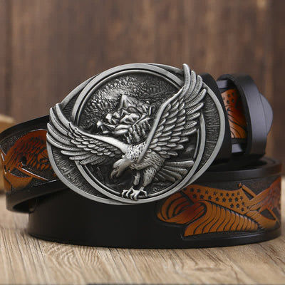 Men's Novelty Flying Eagle Buckle Carved Pattern Leather Belt - Black & Yellow / Silver - 46 - image 7