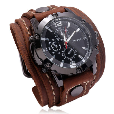 Men's Casual Triple Dial Wide Cuff Leather Watch