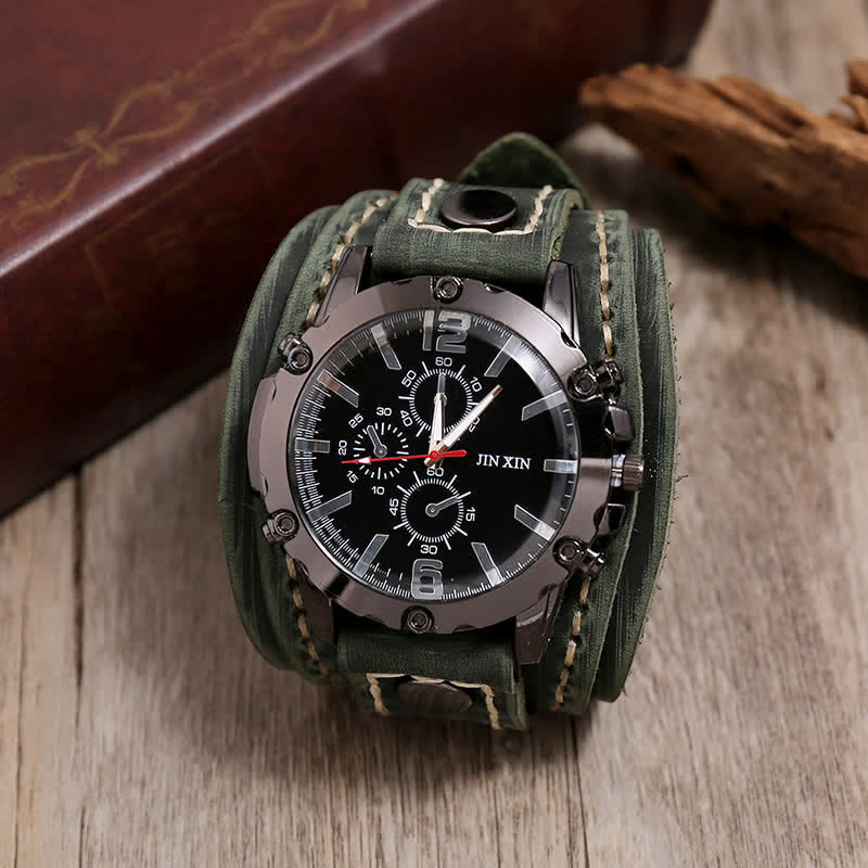 Men's Casual Triple Dial Wide Cuff Leather Watch