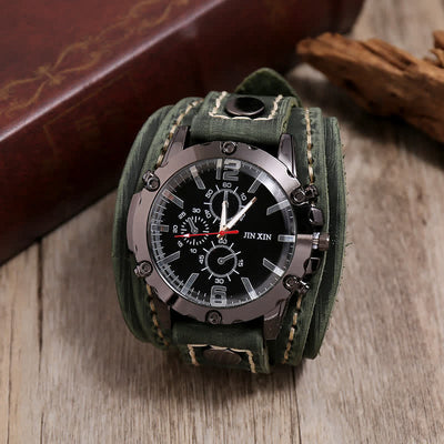 Men's Casual Triple Dial Wide Cuff Leather Watch