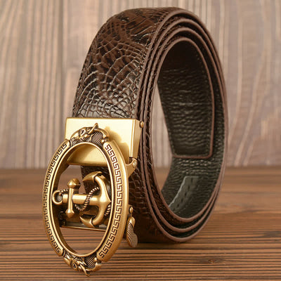 Men's Nautical Anchor Crocodile Embossed Leather Belt