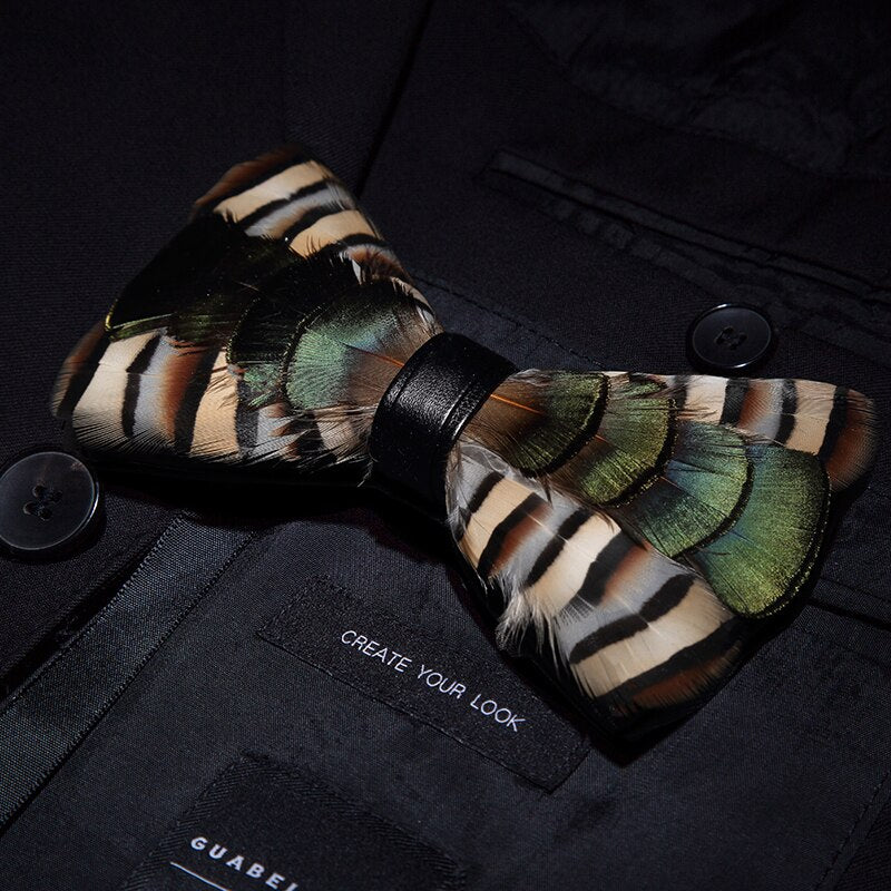 Green & Beige Geese Feather Bow Tie with Lapel Pin