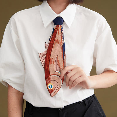 Women's Irregular Fun Fish Embroidered Zipper Necktie