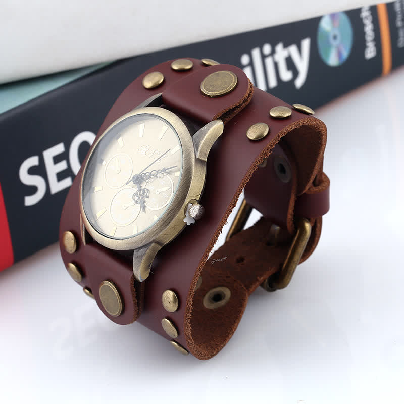 Men's Punk Rock Rivet Wide Cuff Leather Watch