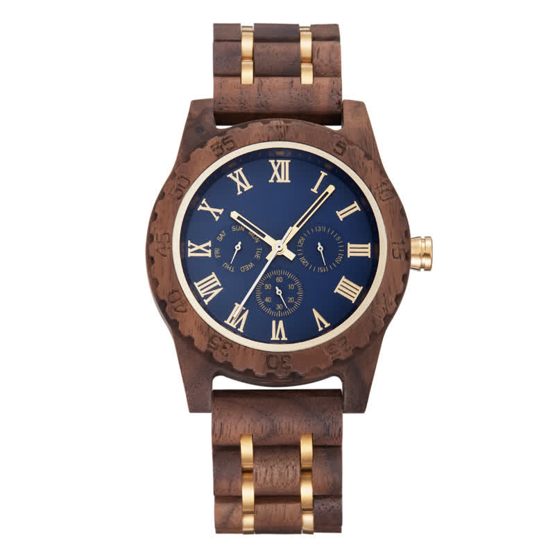 Men's Walnut Wood Three Sub-Dial Wooden Watch