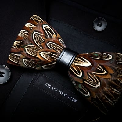 Kid's Brown Pheasant Feather Bow Tie with Lapel Pin