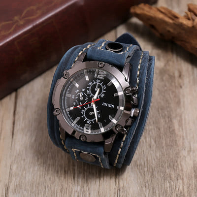 Men's Casual Triple Dial Wide Cuff Leather Watch