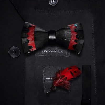 Black & Red Swan Feather Bow Tie with Lapel Pin