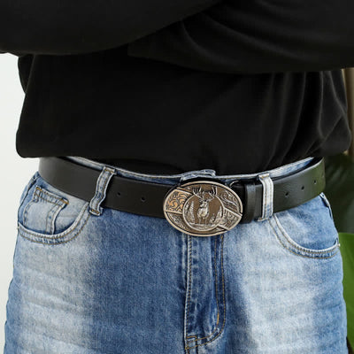 Men's DIY Forest Deer Hidden Folding Knife Leather Belt