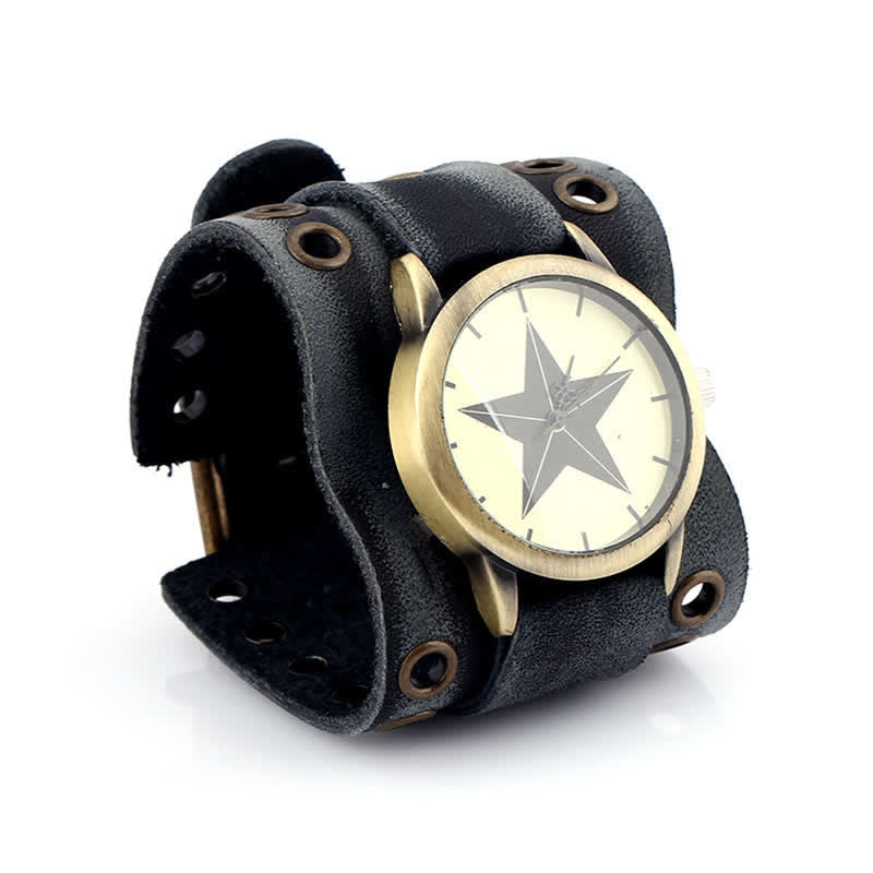 Men's Vintage Black Wide Cuff Leather Watch