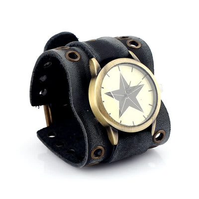 Men's Vintage Black Wide Cuff Leather Watch