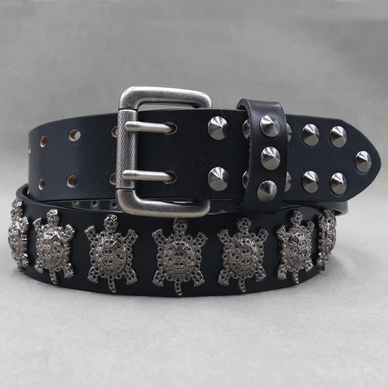 Three-Dimensional Metal Turtle Rivets Double Pin Leather Belt