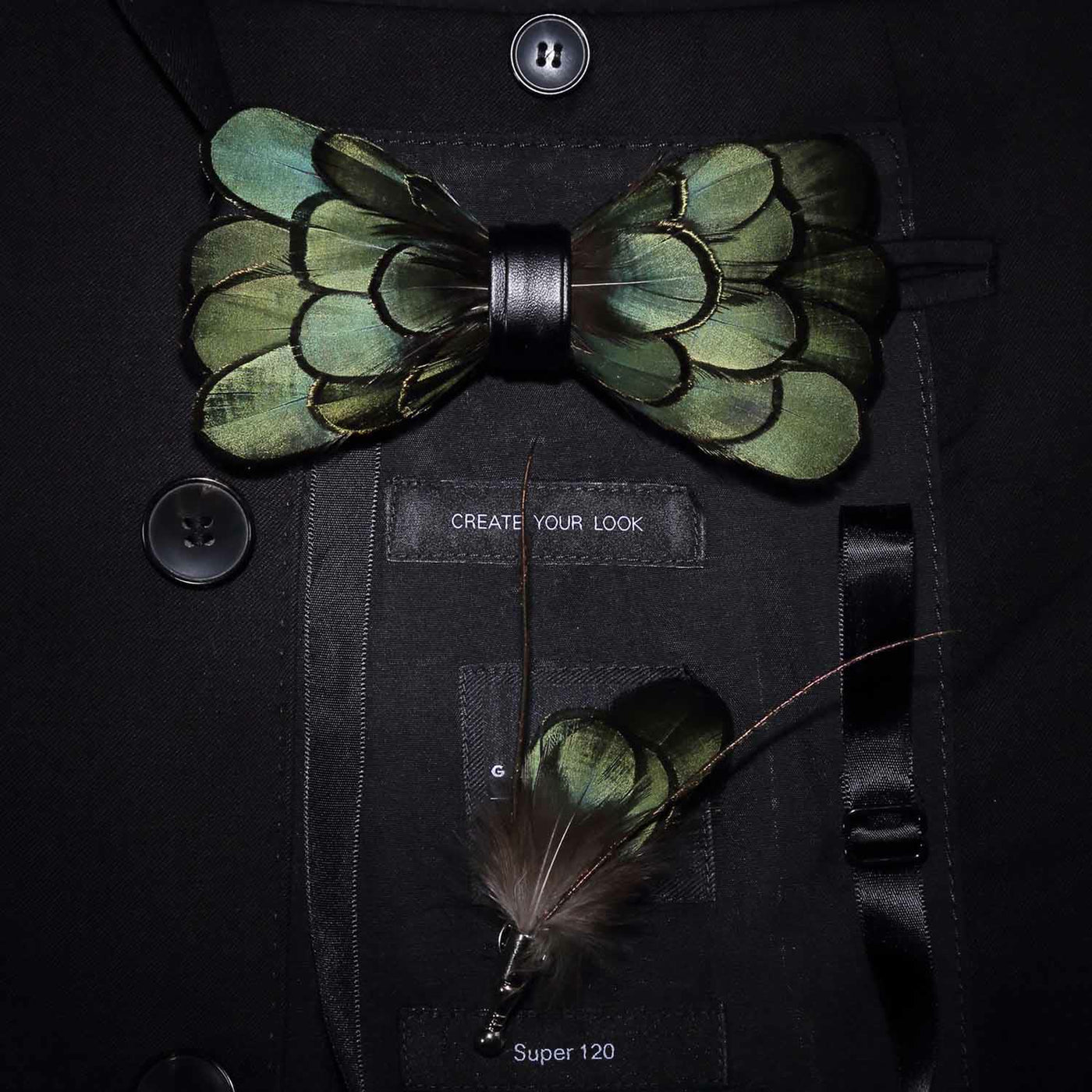 DarkOliveGreen Classic Feather Bow Tie with Lapel Pin