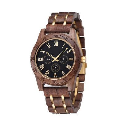 Men's Walnut Wood Three Sub-Dial Wooden Watch