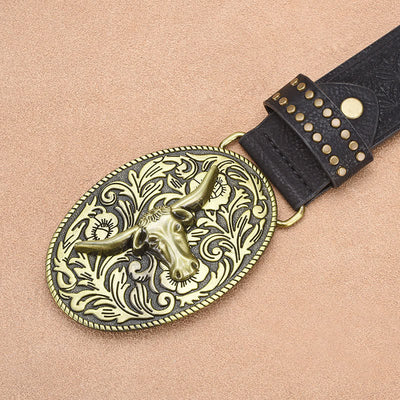 Men's Bull Head Rivet Embossed Leather Belt