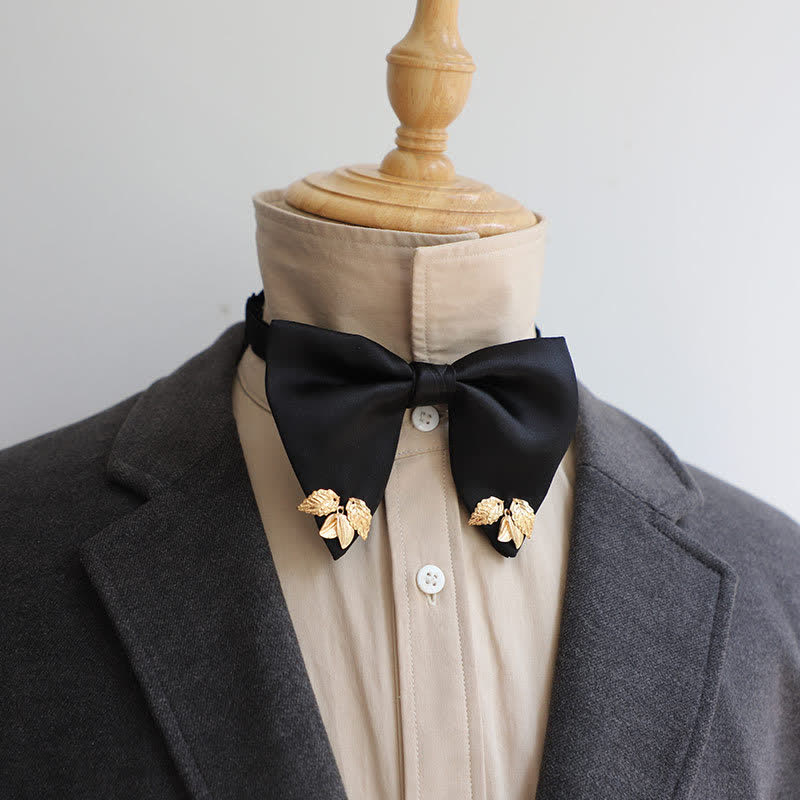 Men's Double-Layers Leaves Oversized Bow Tie Pocket Square