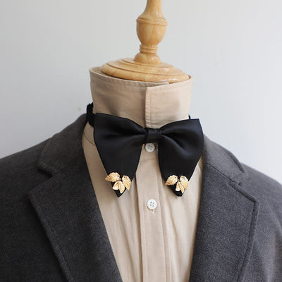 Men's Double-Layers Leaves Oversized Bow Tie Pocket Square