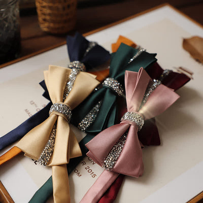 Men's Shining Rhinestone Satin Bow Tie Pocket Square Set