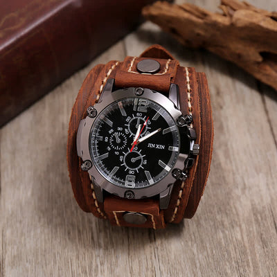 Men's Casual Triple Dial Wide Cuff Leather Watch