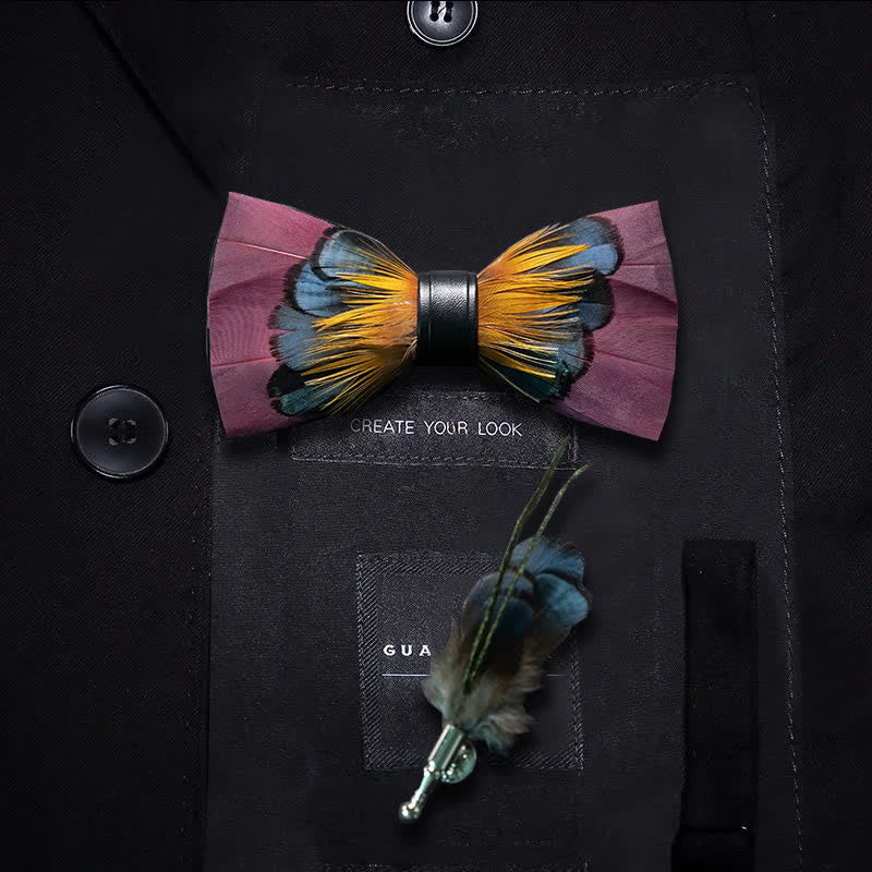 Kid's Pink & Orange Symmetrical Feather Bow Tie with Lapel Pin