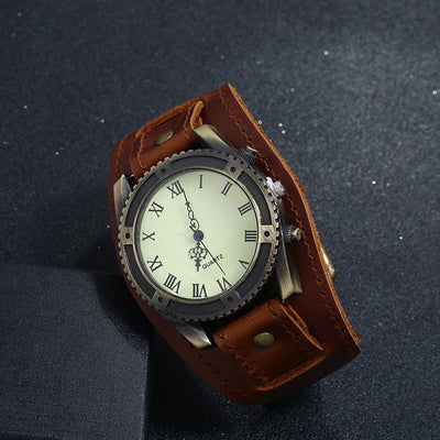 Men's Roman Numerals Gear Cuff Leather Watch