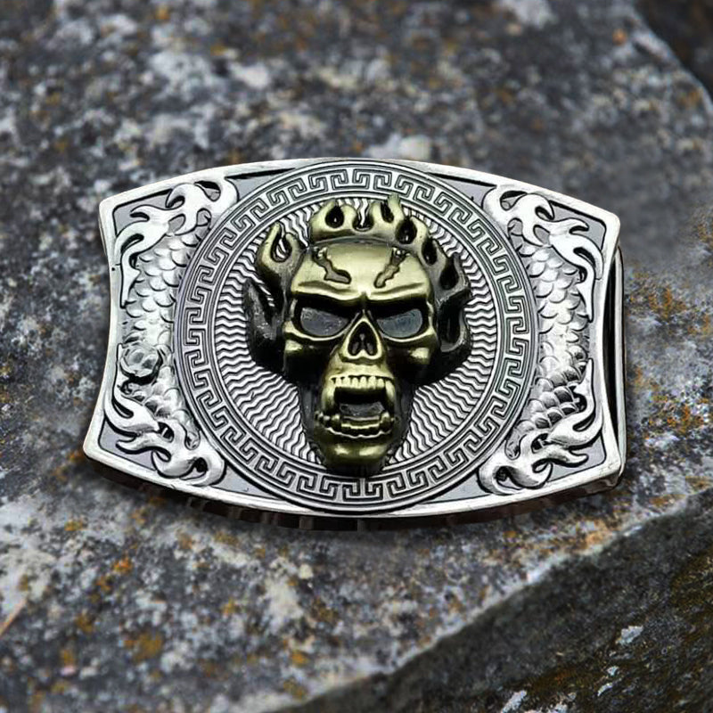Men's DIY Flame Skull Hidden Folding Knife Leather Belt