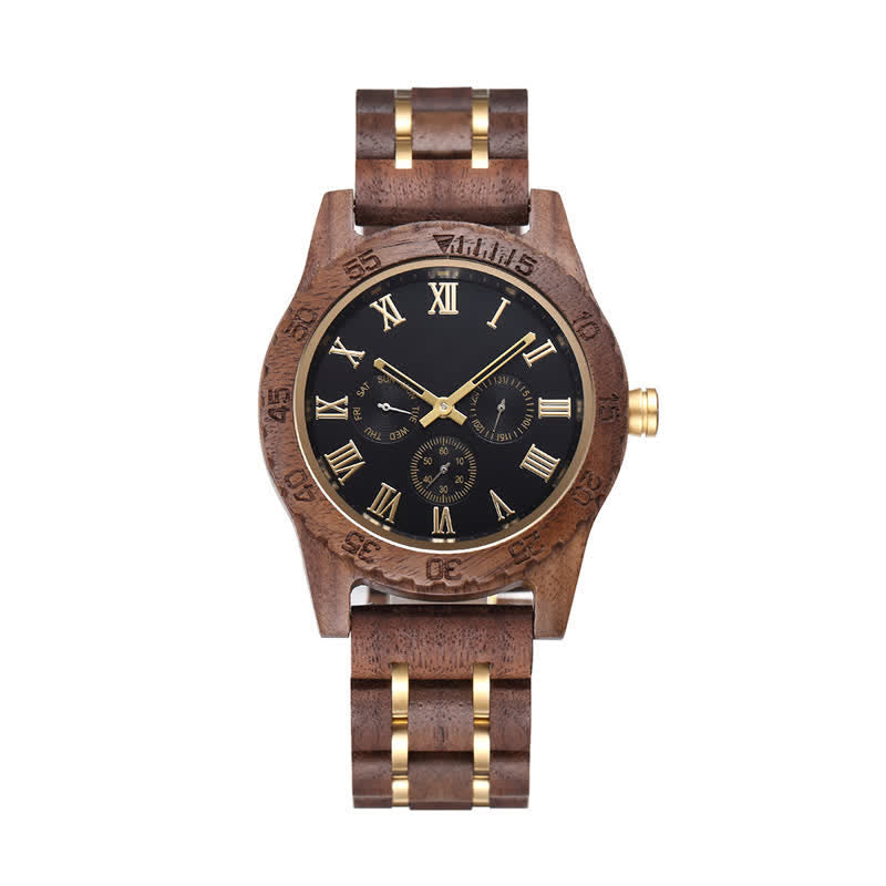 Men's Walnut Wood Three Sub-Dial Wooden Watch