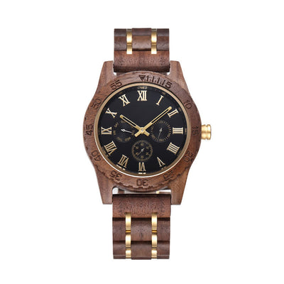 Men's Walnut Wood Three Sub-Dial Wooden Watch