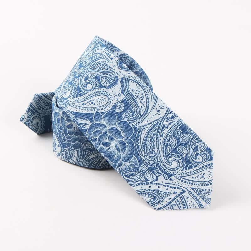 Men's British Style Blue Fish Bone Skull Print Cotton Necktie