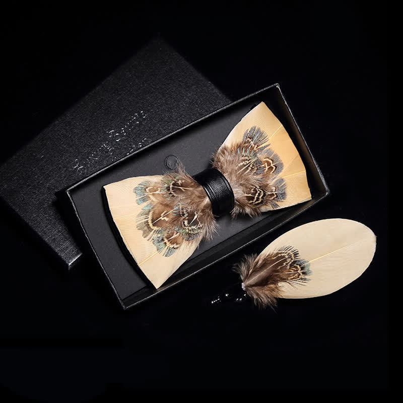 Pale Yellow Pheasant Feather Bow Tie with Lapel Pin
