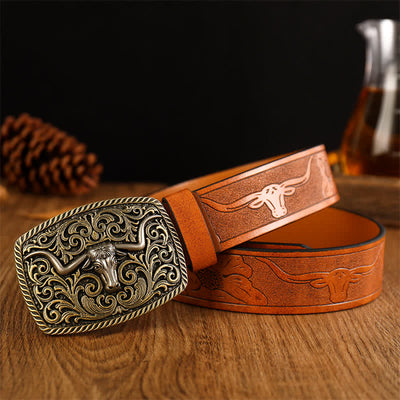 Men's Flower Square Bull Buckle Leather Belt