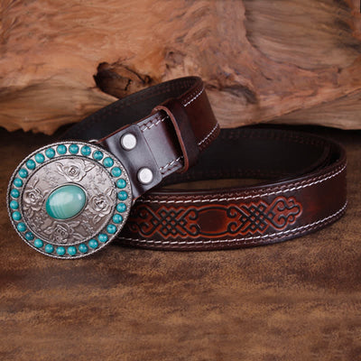 Unisex Carved Rose Turquoise Jade Agate Leather Belt