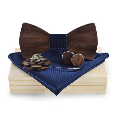 4Pcs Men's Vintage Black Wooden Bow Tie Set