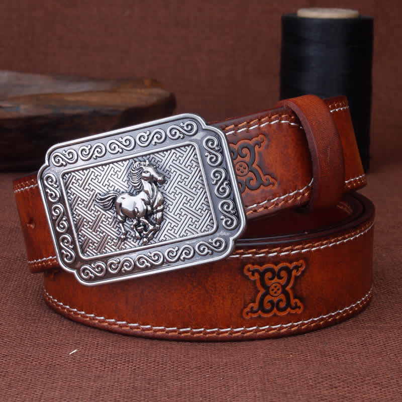 Men's Ethnic Cowboy Silver Horse Leather Belt