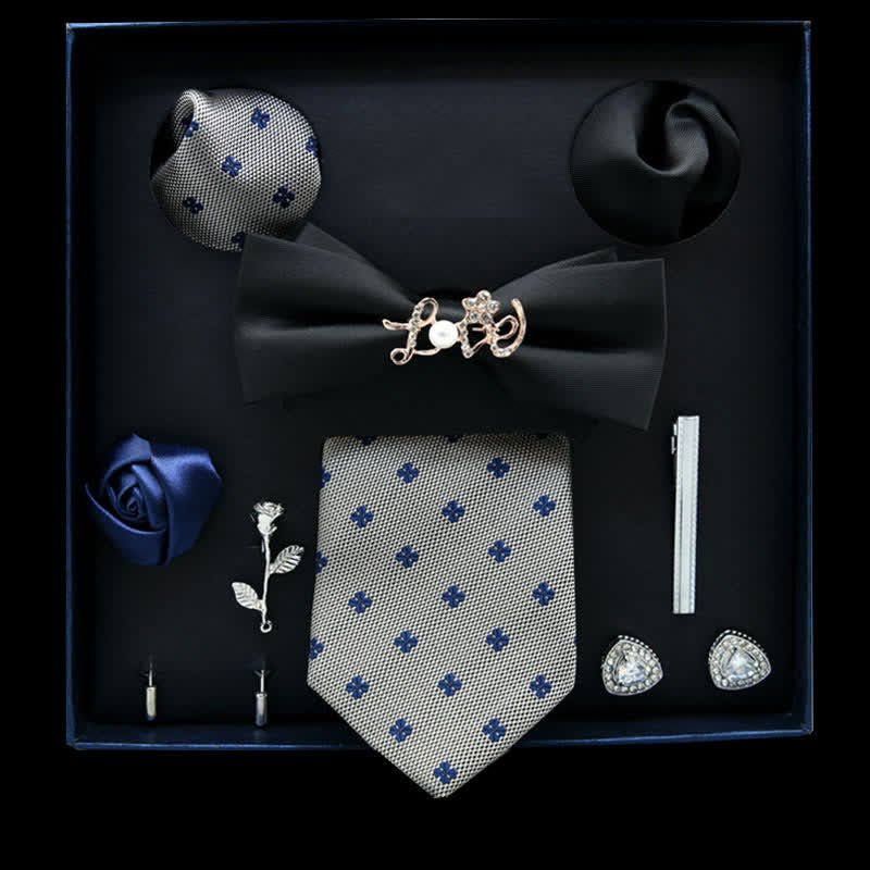 8Pcs Black&LightSlateGray Floral Casual Necktie Bow Ties Gift Box