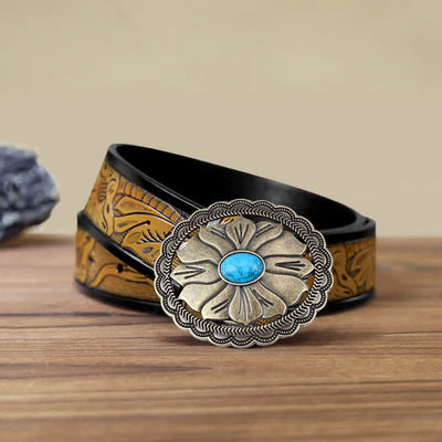Men's DIY Turquoise Inlaid Floral Buckle Leather Belt