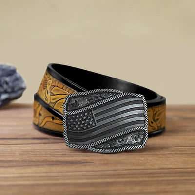 Men's DIY American Flag Antique Buckle Leather Belt