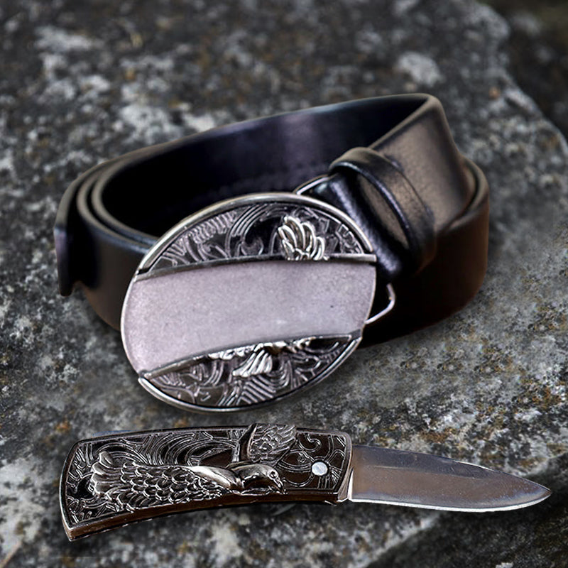 Classic Soaring Eagle Leather Belt With Folding Knife