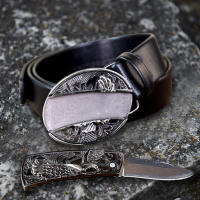 Classic Soaring Eagle Leather Belt With Folding Knife