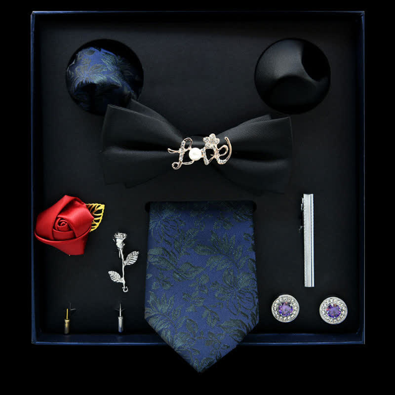 8Pcs Black&Blue Floral Casual Necktie Bow Ties Gift Box