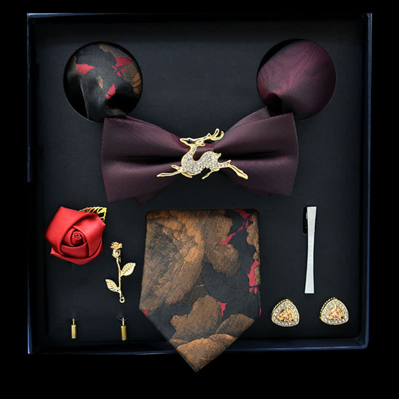 8Pcs Burgundy&Gold Floral Casual Necktie Bow Ties Gift Box
